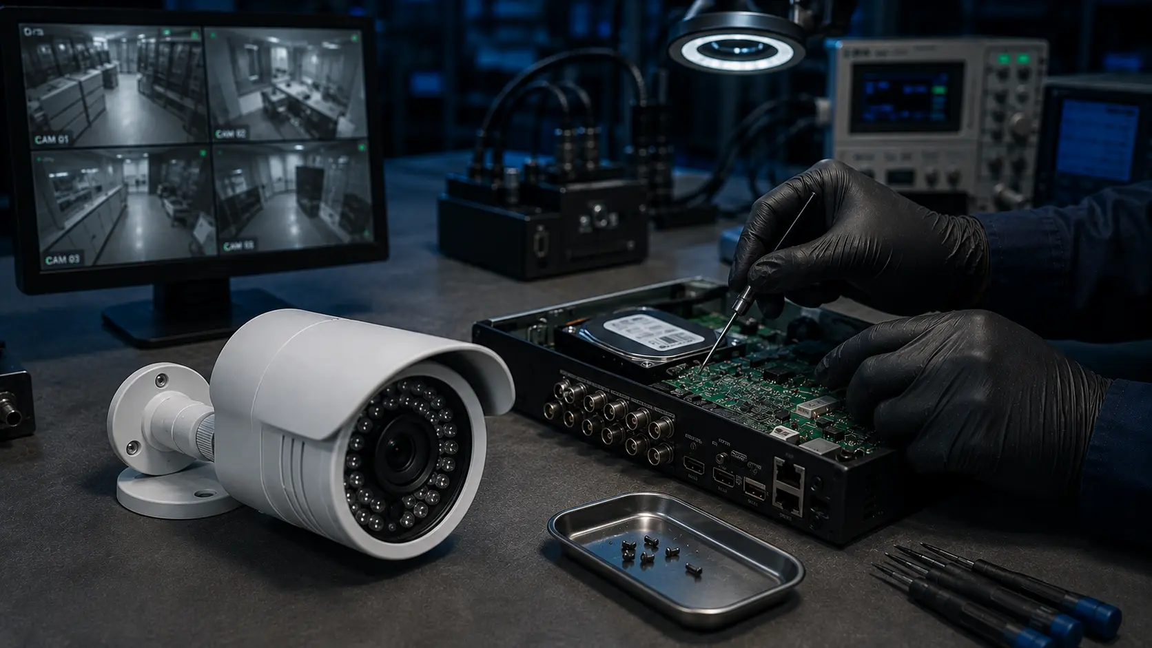 باز کردن دستگاه ضبط DVR و هارد آن کنار دوربین مداربسته و نمایشگر تصاویر دوربین‌ها